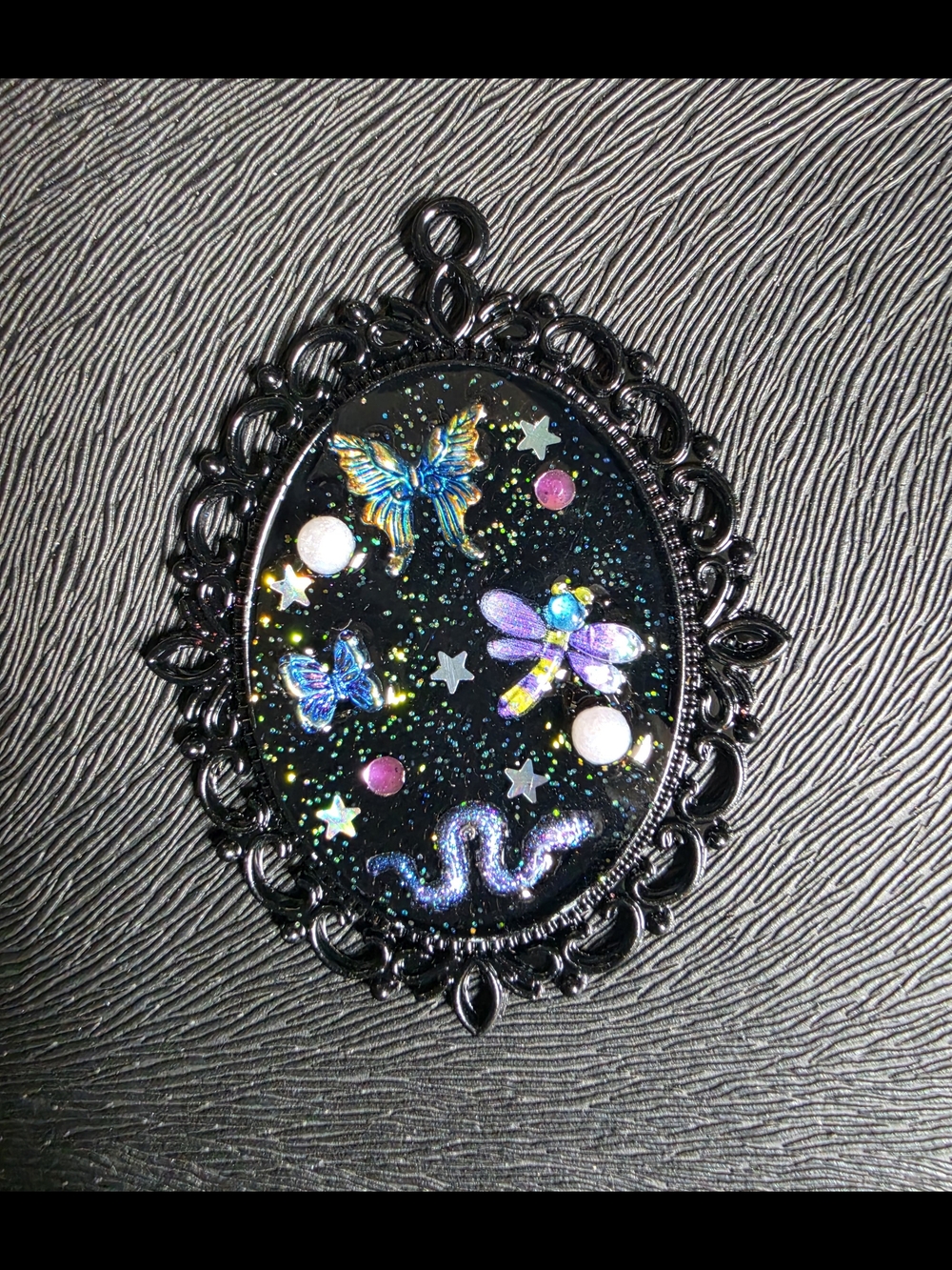 Black Resin Oval Pendant with Holographic Butterflies & Dragonfly